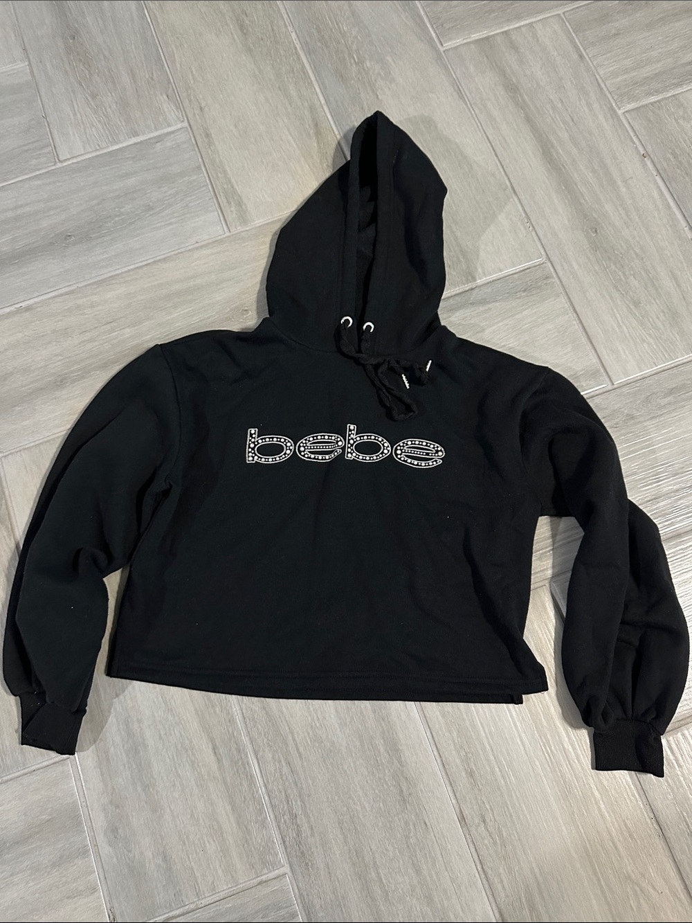 BEBE Black Cropped Logo Hoodie with Rhinestone Detail
